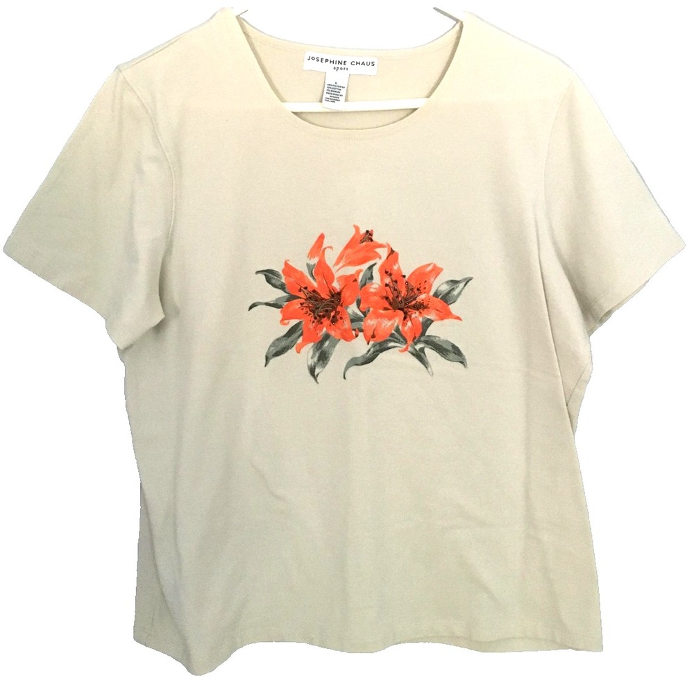 Josephine Chaus Sport Shirt Womens L Beige Short Sleeve Floral Lily Tee